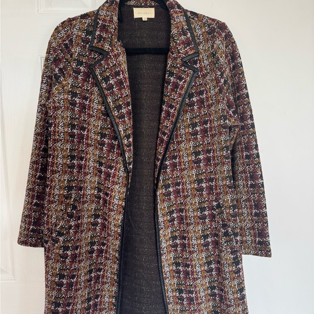 Mello'day Tweed Plaid Long Blazer Jacket Leather Trim Soft Girl Preppy Size S - Picture 3 of 3